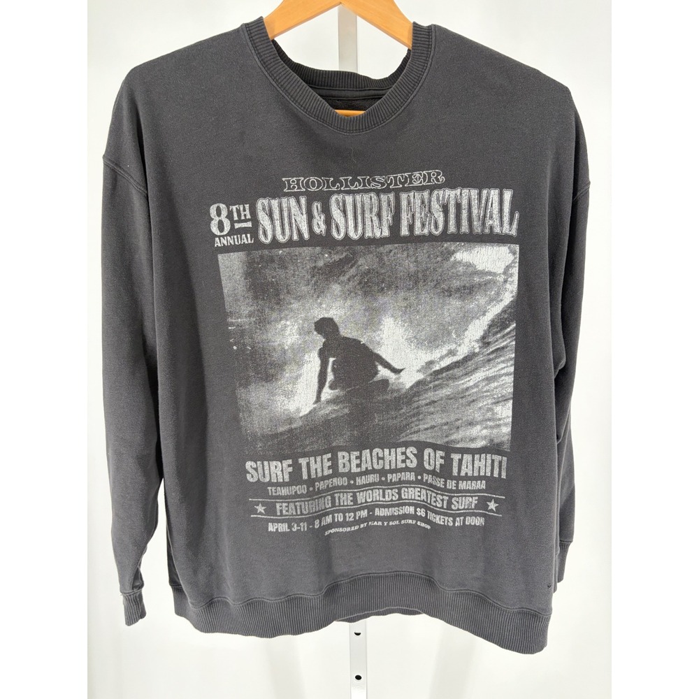 Hollister Mens Sun & Surf Festival Tahiti Graphic Sweatshirt Black Large